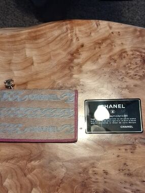 CHANEL Beige Fabric Card Holder with Pink Trim